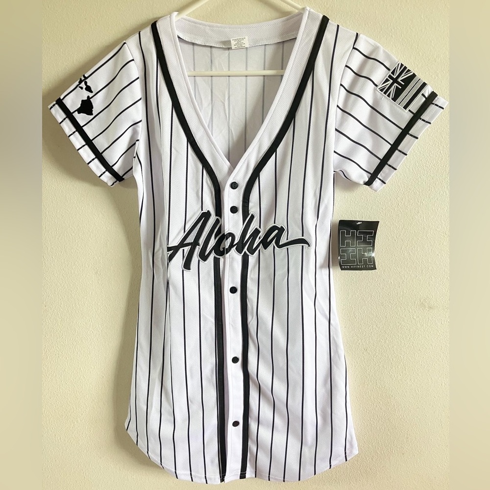 Hawaii’s Finest Womens small jersey baseball dress white black strip Aloha